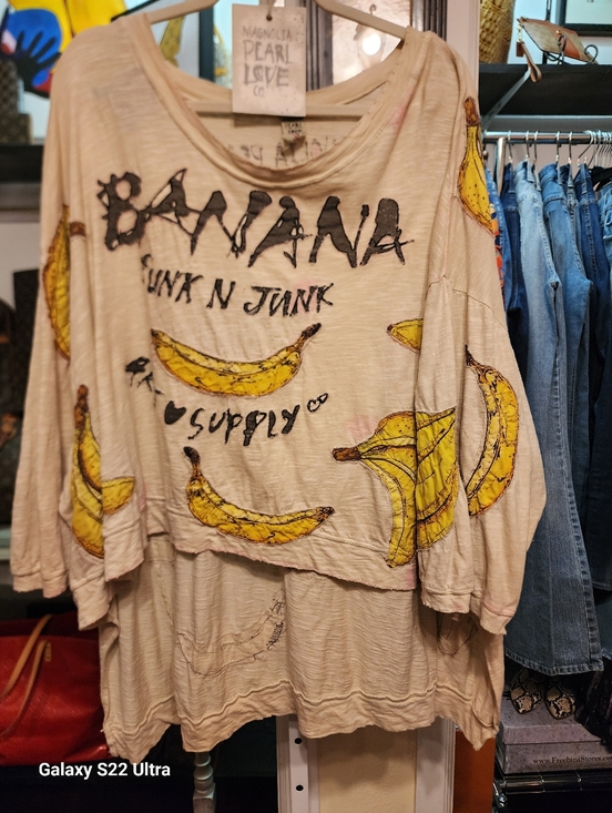 Magnolia Pearl Tops - Magnolia Pearl Exclusive Piece. Banana Print Oversized Top - Yellow on Cream